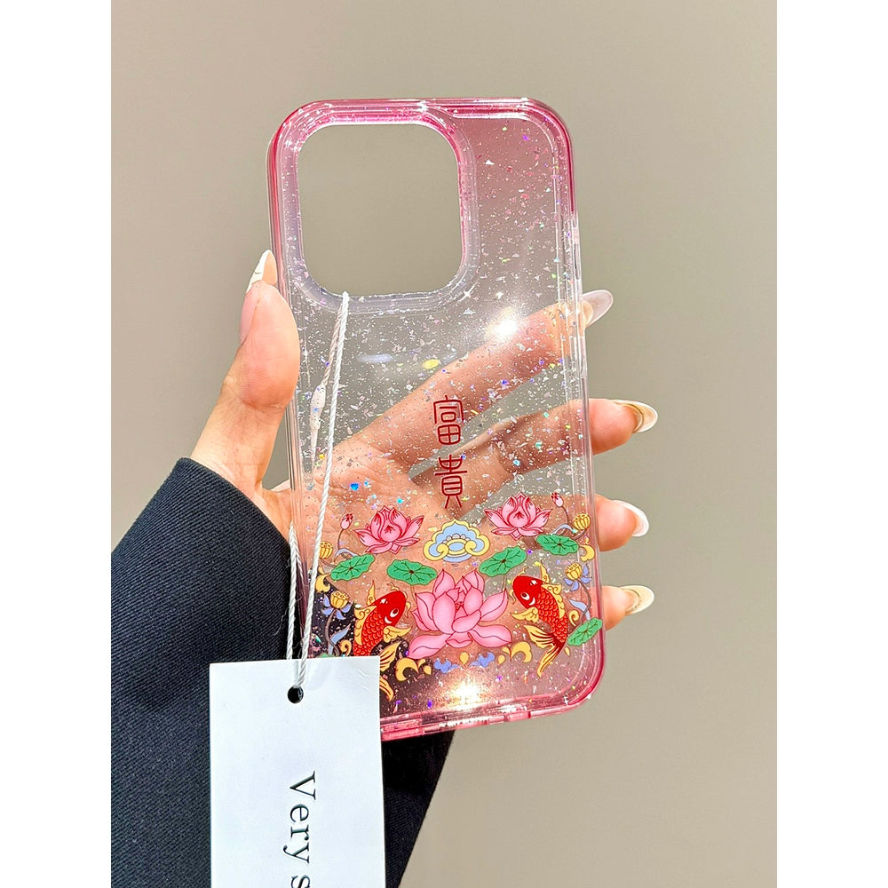 Sequined Double-layer Rich Lotus Koi Transparent Mobile Phone Case Suitable for iPhone16 iPhone15 iPhone14 iPhone13