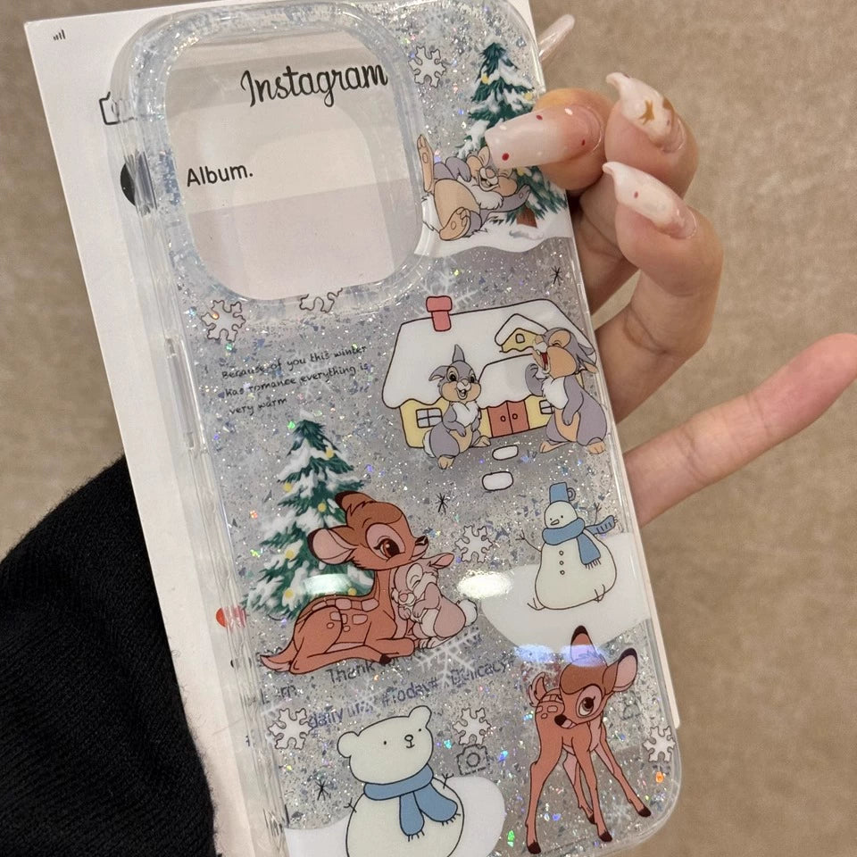 Winter Rabbit and Deer Snowman Snowflake Pine Glitter Aesthetics Cute Mobile Phone Case with Mobile Phone Chain Pendant Suitable for iPhone16 iPhone15 iPhone14 iPhone13