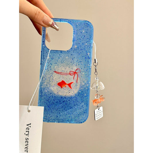 Transparent Blue Bag Fish Tank Goldfish Glitter Aesthetic Lucky Mobile Phone Case with Mobile Phone Chain Pendant Suitable for iPhone16 iPhone15 iPhone14 iPhone13