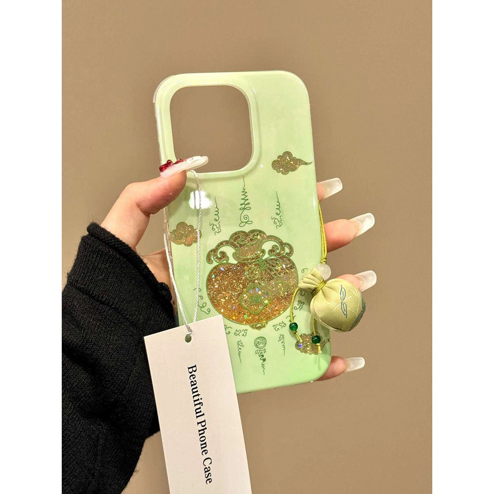 Chinese Style Green Background Auspicious Cloud Hollow Blessing Word Tip Bag Aesthetic Mobile Phone Case Suitable for iPhone16 iPhone15 iPhone14 iPhone13