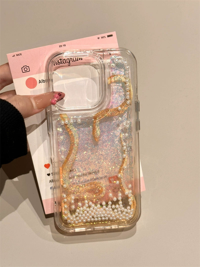 Purple Blue Snake Electroplated Colored Beads Quicksand Aesthetic Mobile Phone Case, Suitable for iPhone16proMAX iPhone15 iPhone14 iPhone13 All-inclusive Fun Girl Mobile Phone Case