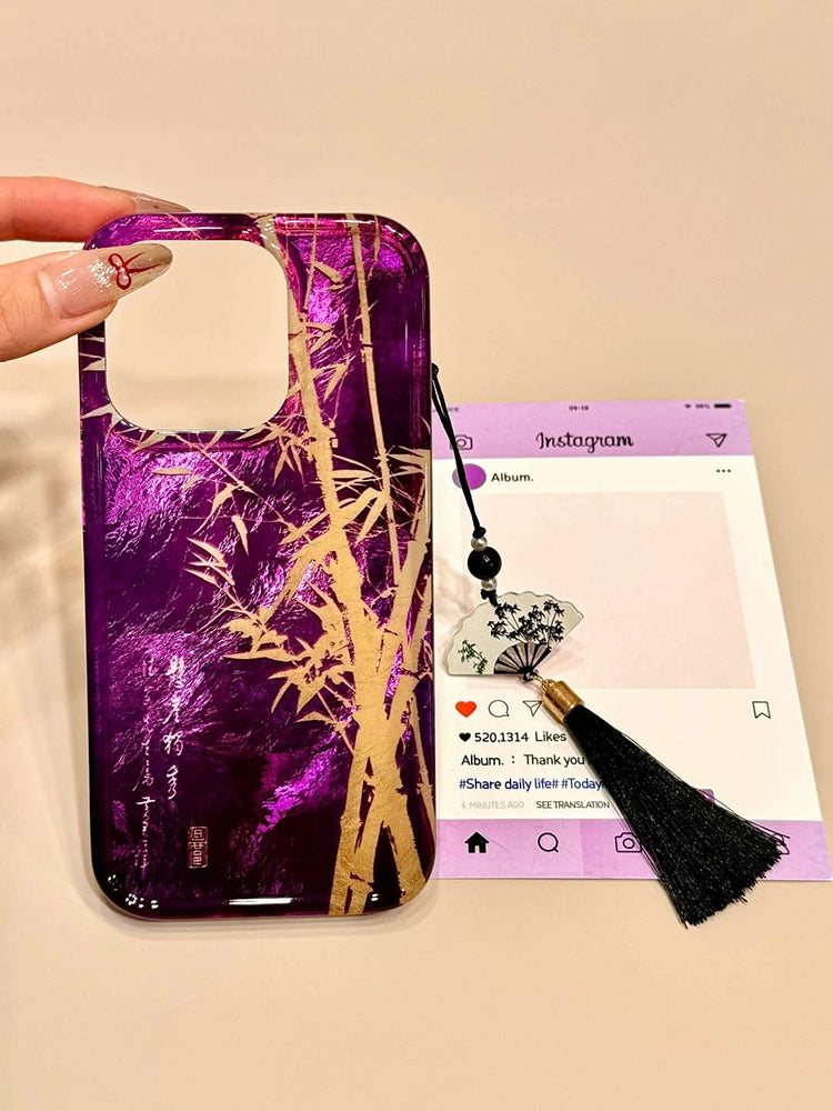 Retro Bamboo Ink Fan Purple Phone Case with Fringed Phone Chain Suitable for iPhone16 iPhone15 iPhone14 iPhone13