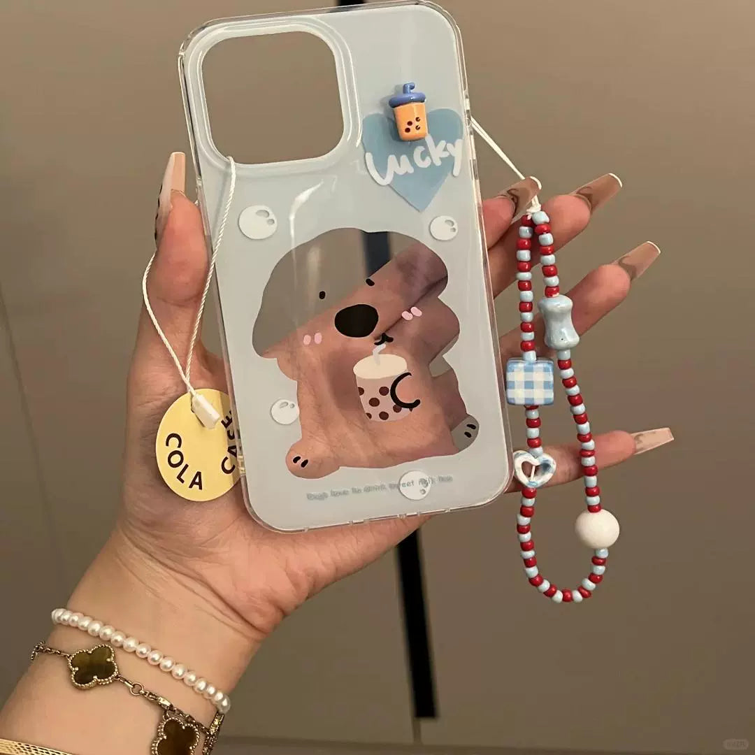 Dog Drinking Milk Tea Illustration Hollow Cute Mobile Phone Case with Mobile Phone Chain Pendant Suitable for iPhone16 iPhone15 iPhone14 iPhone13