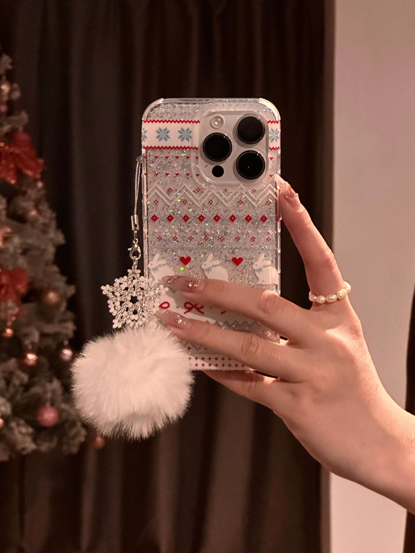 Cute Christmas Wind Transparent Glitter Bow Rabbit Glitter Aesthetic Mobile Phone Case Suitable for iPhone16 iPhone15 iPhone14 iPhone13