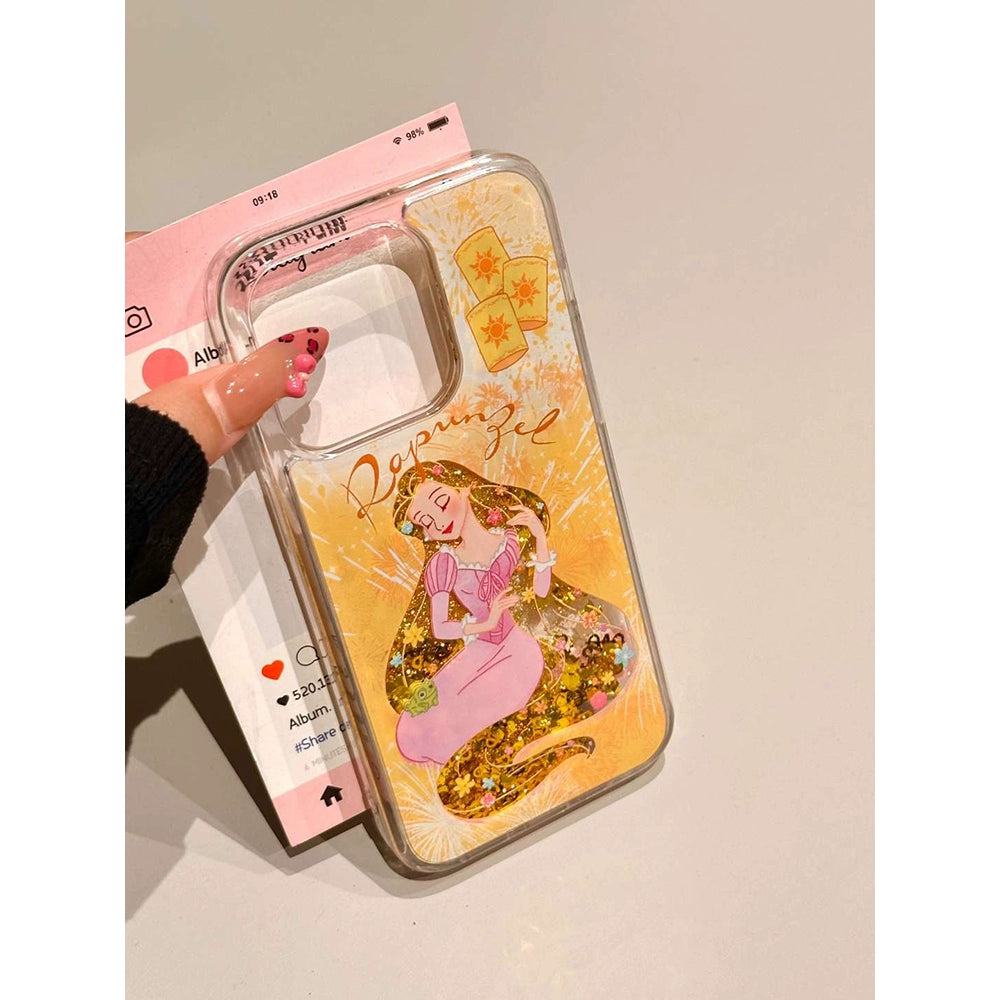 Yellow Bottom Fireworks Blonde Princess Quicksand Aesthetic Mobile Phone Case, Gold Glitter Mobile Phone Case with Phone Chain Suitable for iPhone16 iPhone15 iPhone14 iPhone13