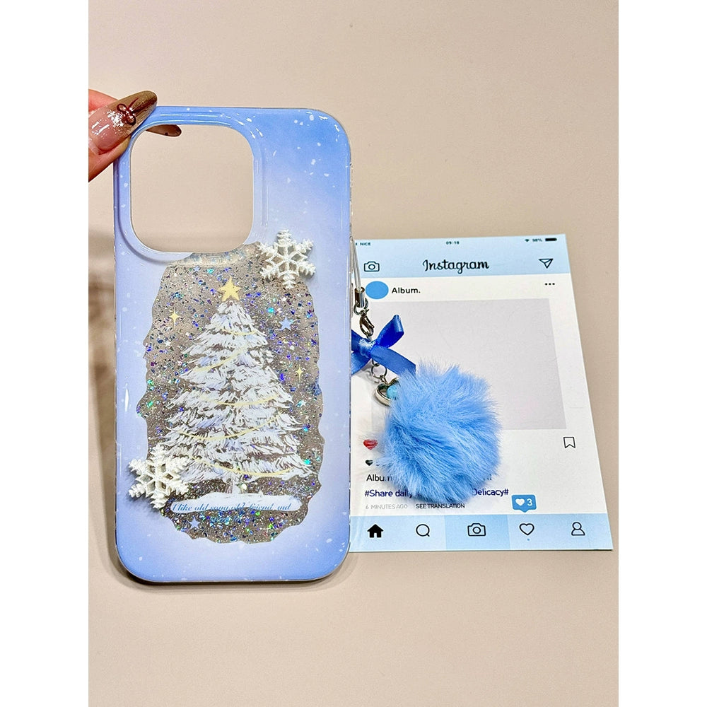 Sequin Glitter Christmas Tree Three-dimensional Snowflake Hairball Mobile Phone Case with Mobile Phone Chain Pendant Suitable for iPhone16 iPhone15 iPhone14 iPhone13