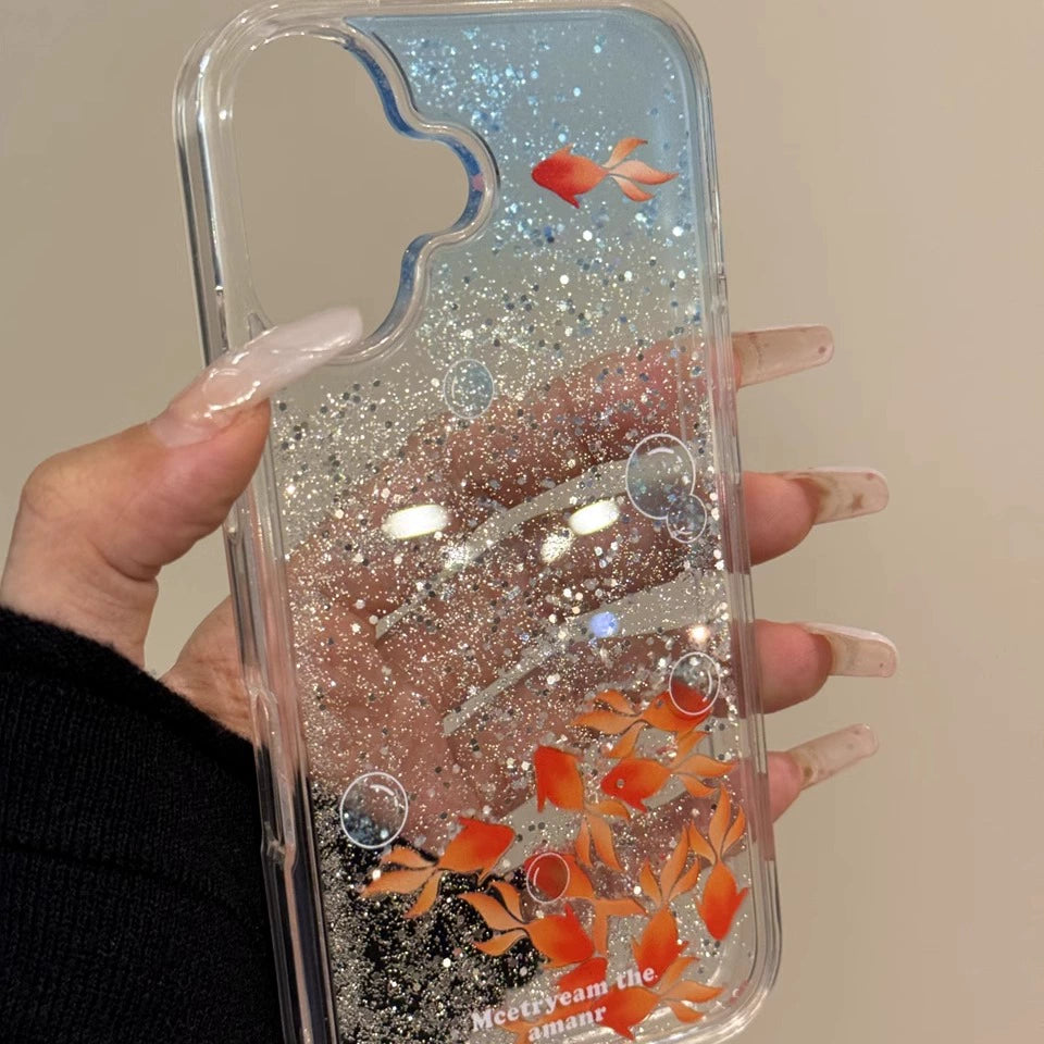 Transparent Quicksand Small Koi Flowable Aesthetic Mobile Phone Case Suitable for iPhone16 iPhone15 iPhone14 iPhone13