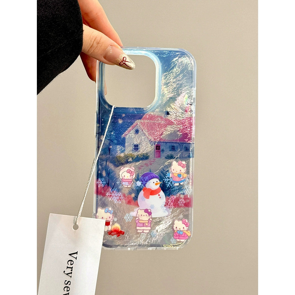 Cute Pink House Snowman Cat Cat Snowflake Hairball Chain Aesthetic Phone Case Suitable for iPhone16 iPhone15 iPhone14 iPhone13