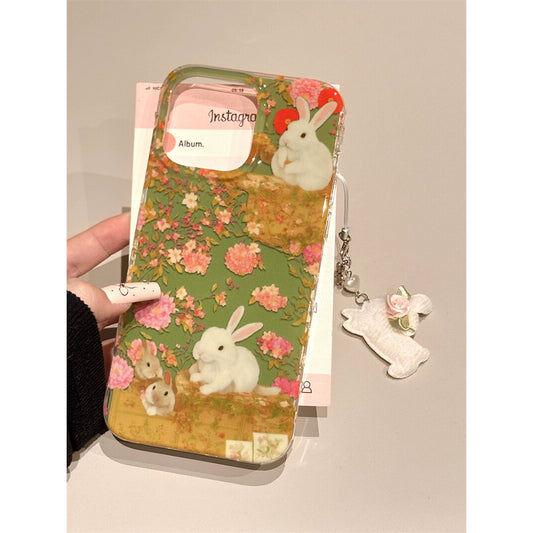 Pastoral Style Cartoon Green Background Floral Bunny Garden Cute Aesthetic Mobile Phone Case with Mobile Phone Chain Pendant Suitable for iPhone16 iPhone15 iPhone14 iPhone13