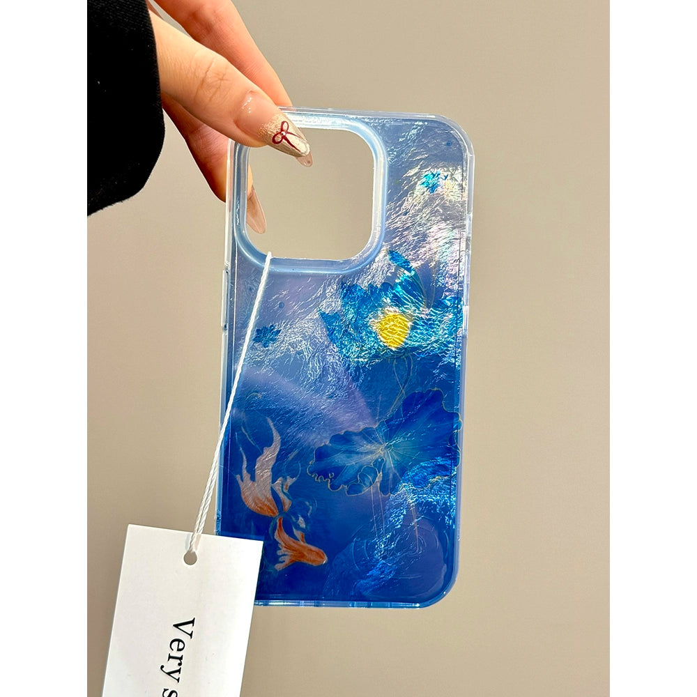 Lotus Koi Water Bag Goldfish Blue Smudge Aesthetic Mobile Phone Case with Mobile Phone Chain Pendant Suitable for iPhone16 iPhone15 iPhone14 iPhone13