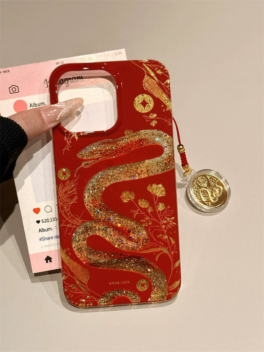 Chinese Style Red Background Gold Foil Floral Snake Year of The Snake Lucky Aesthetics Mobile Phone Case with Mobile Phone Chain Pendant Suitable for iPhone16 iPhone15 iPhone14 iPhone13