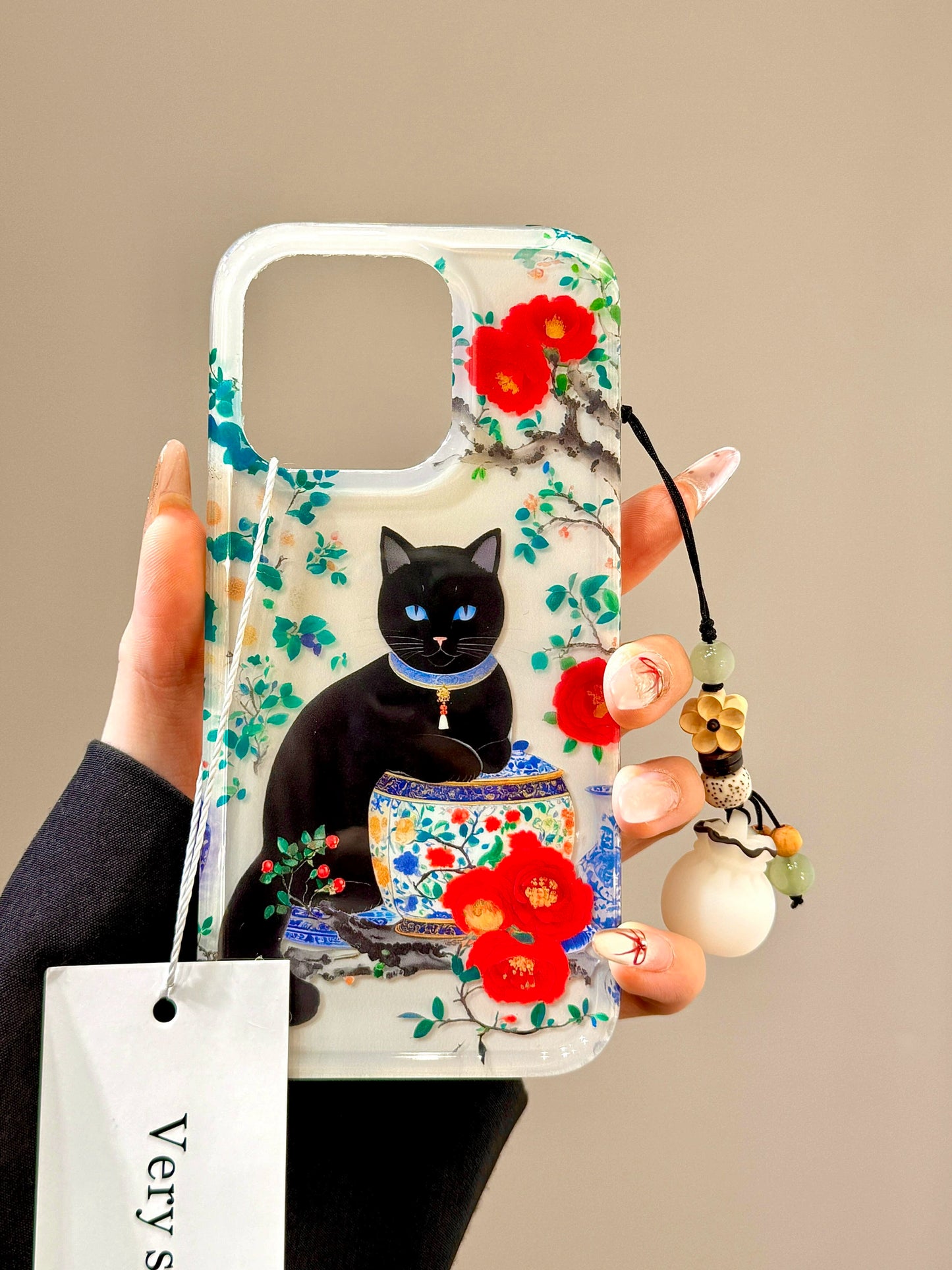 Chinese Style Retro Blue and White Porcelain Black Cat Garden Aesthetic Mobile Phone Case Suitable for iPhone16 iPhone15 iPhone14 iPhone13