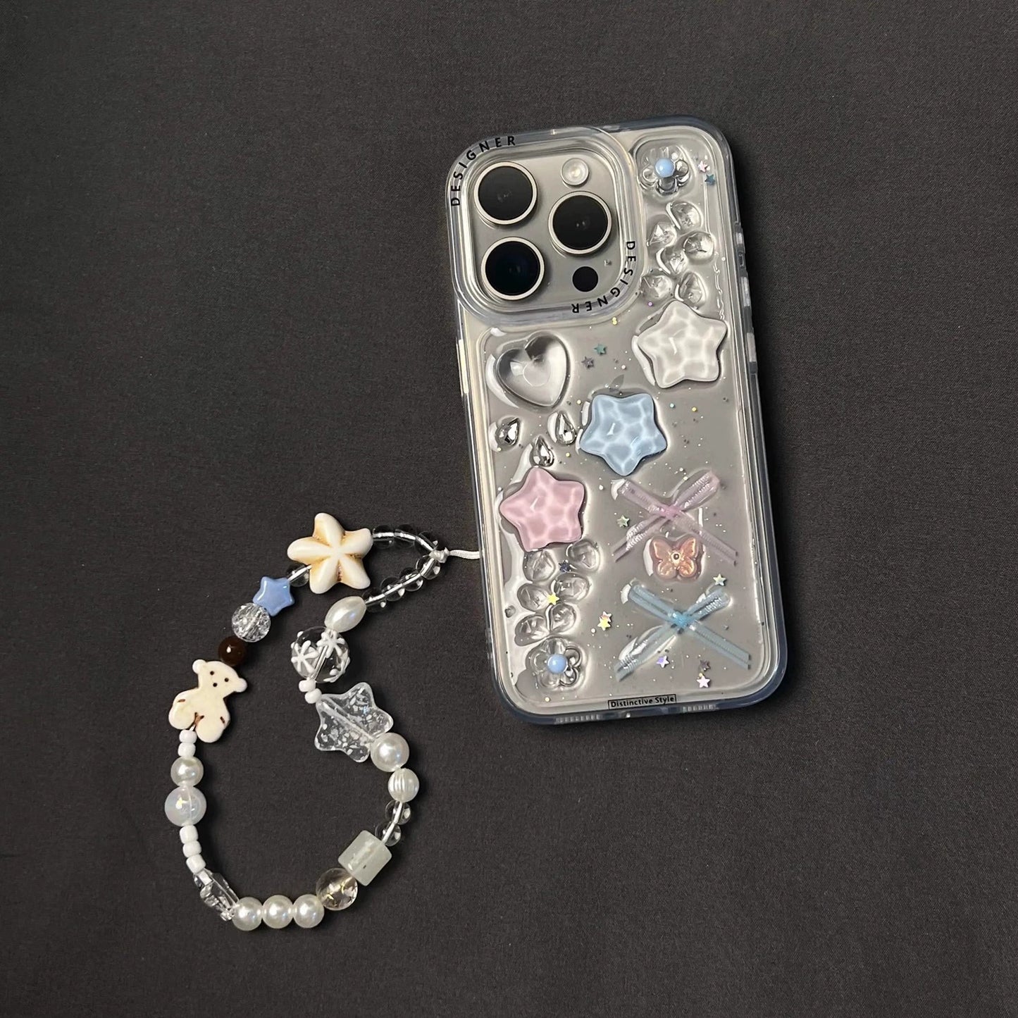 Transparent Epoxy Three-dimensional Star Bow Cute and Sweet Aesthetic Mobile Phone Case with Mobile Phone Chain Pendant Suitable for iPhone16 iPhone15 iPhone14 iPhone13