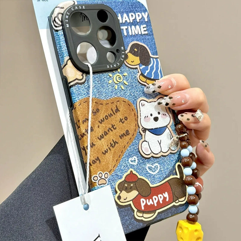 Retro Denim Blue Cat Dog Bracelet Cute Phone Case with Phone Chain Pendant Suitable for iPhone16 iPhone15 iPhone14 iPhone13