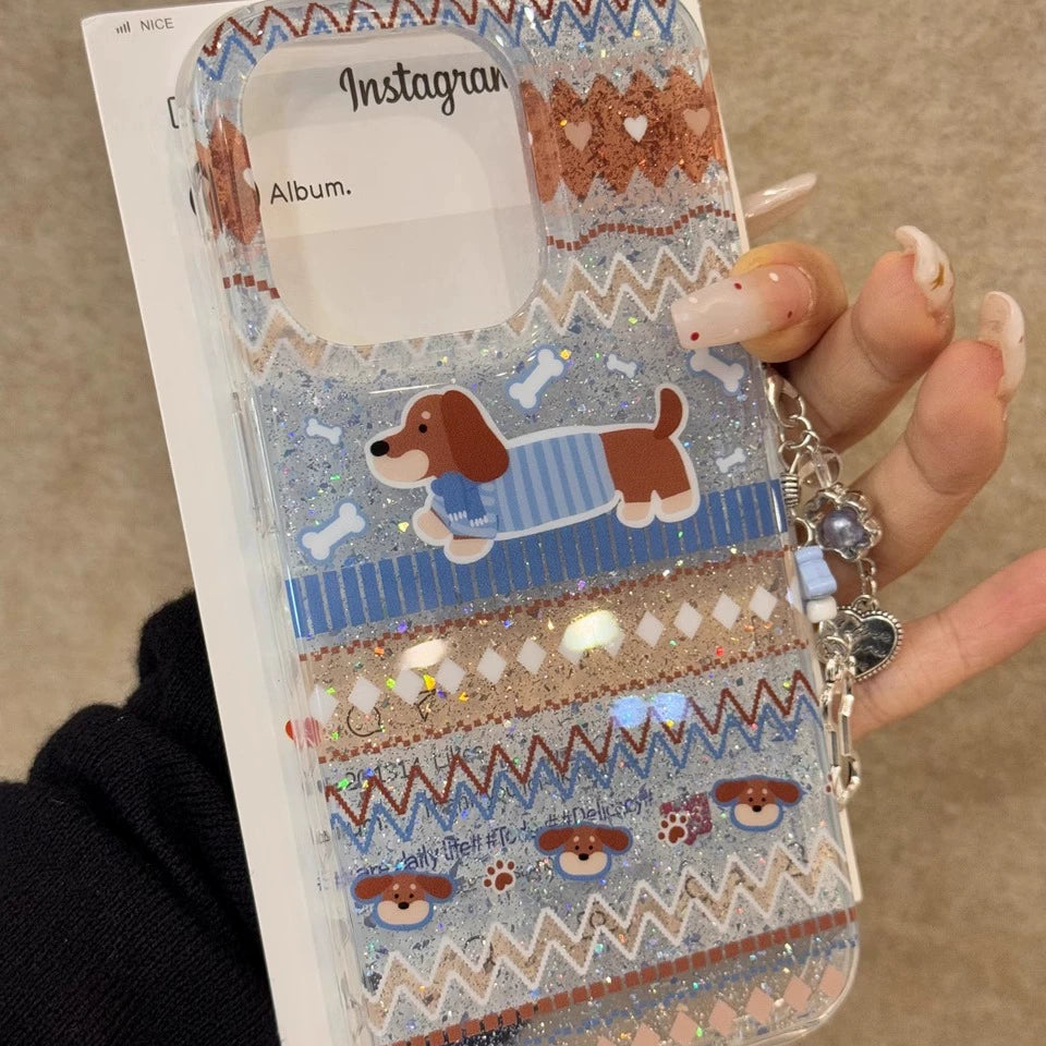 Translucent Blue Glitter Striped Puppy Cute Phone Case with Phone Chain Pendant Suitable for iPhone16 iPhone15 iPhone14 iPhone13