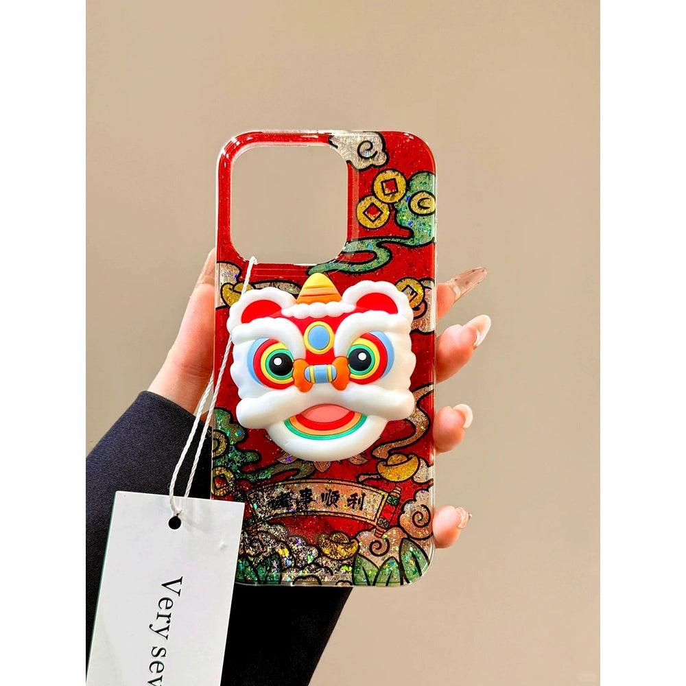 Everything Goes Well in The New Year, Lion Dance Red Lucky Aesthetics, Mobile Phone Case with Bracket Suitable for iPhone16 iPhone15 iPhone14 iPhone13