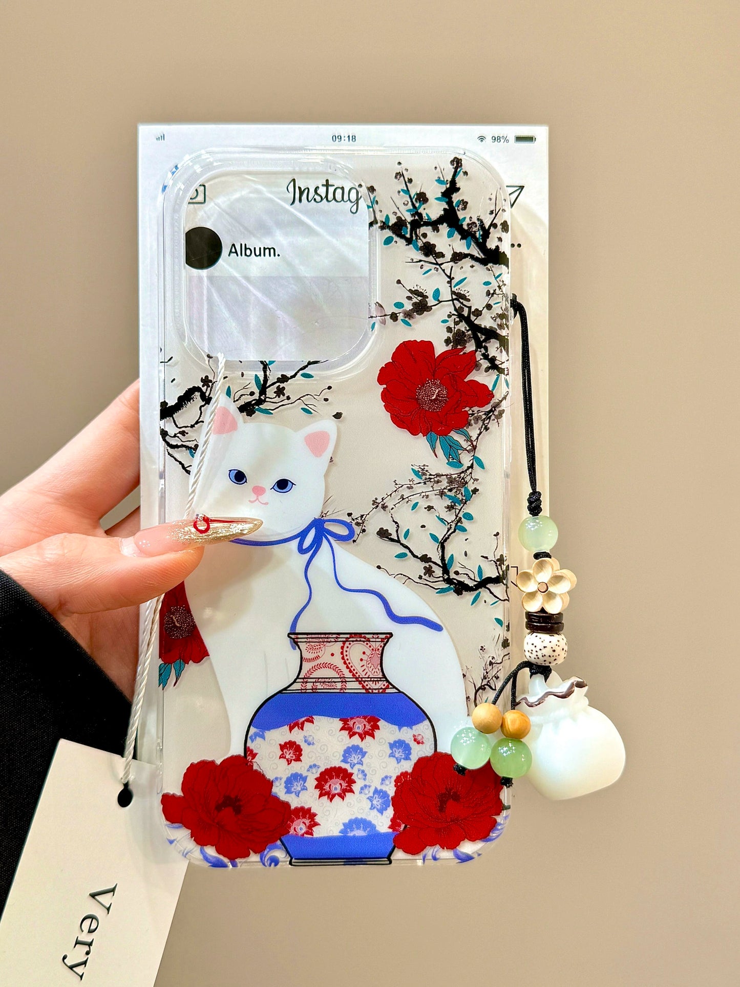 Red Flower Porcelain Bottle Cat Money Bag Pendant Cute Aesthetic Mobile Phone Case Suitable for iPhone16 iPhone15 iPhone14 iPhone13