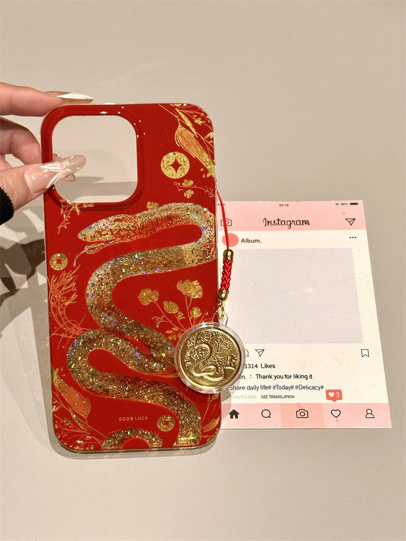 Chinese Style Red Background Gold Foil Floral Snake Year of The Snake Lucky Aesthetics Mobile Phone Case with Mobile Phone Chain Pendant Suitable for iPhone16 iPhone15 iPhone14 iPhone13