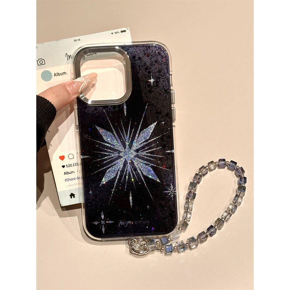 Black Background Glitter Blue Snowflake Aesthetic Mobile Phone Case Suitable for iPhone16 iPhone15 iPhone14 iPhone13