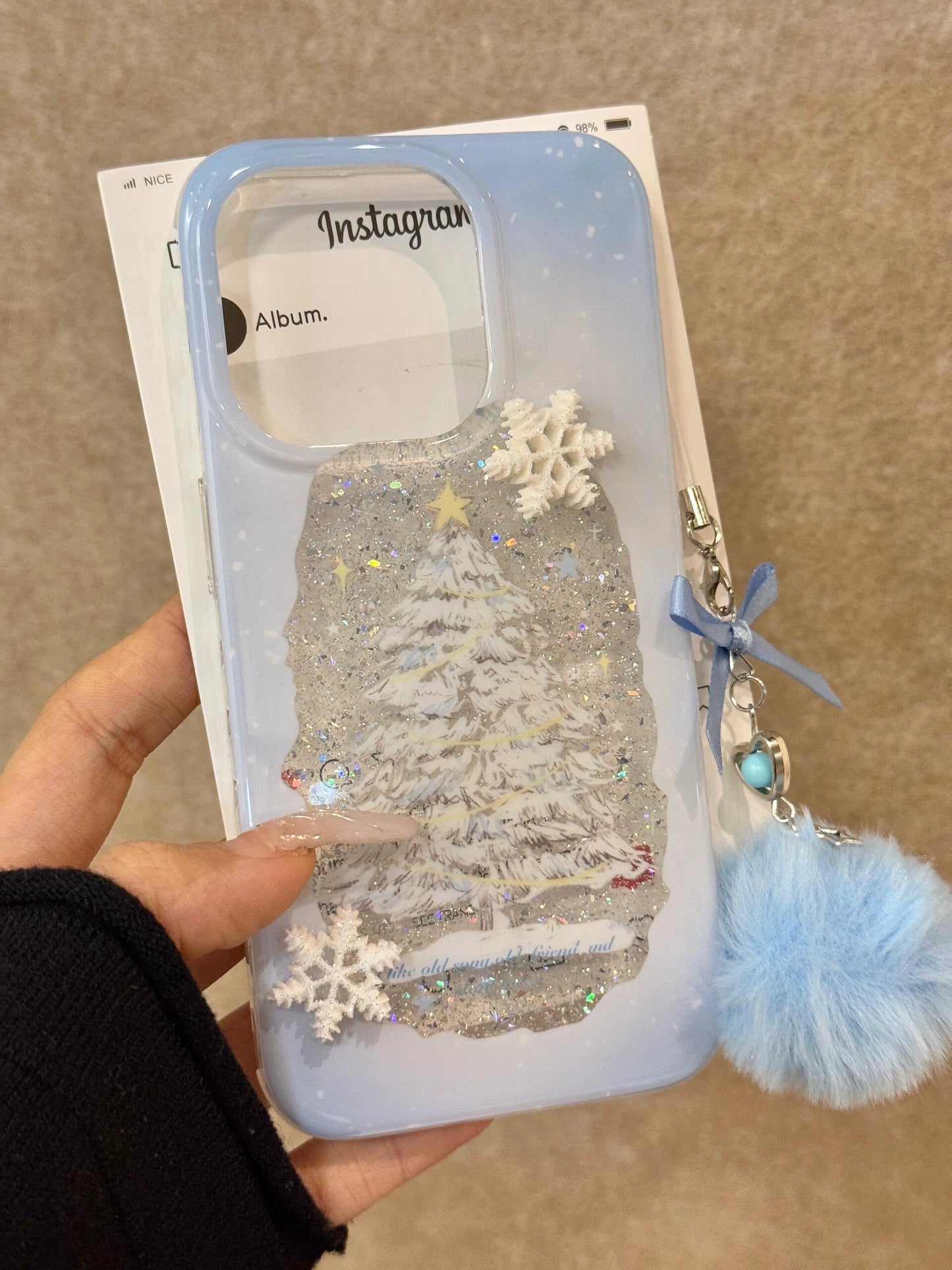 Hollow Sequined Snowflake Christmas Tree Illustration Blue Soft Sweet Girl Aesthetic Phone Case Suitable for iPhone16 iPhone15 iPhone14 iPhone13