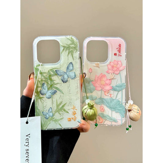 Green Bamboo Butterfly Lotus Koi Aesthetic Mobile Phone Case with Lucky Bag Pendant Suitable for iPhone16 iPhone15 iPhone14 iPhone13