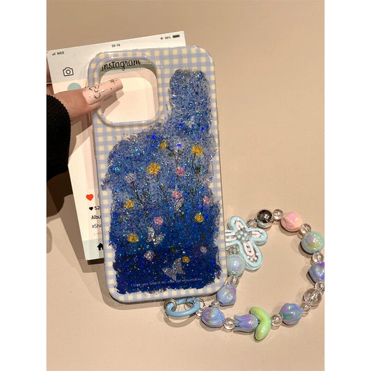 Blue Plaid Glitter Butterfly Floral Sweet Aesthetic Phone Case Suitable for iPhone16 iPhone15 iPhone14 iPhone13