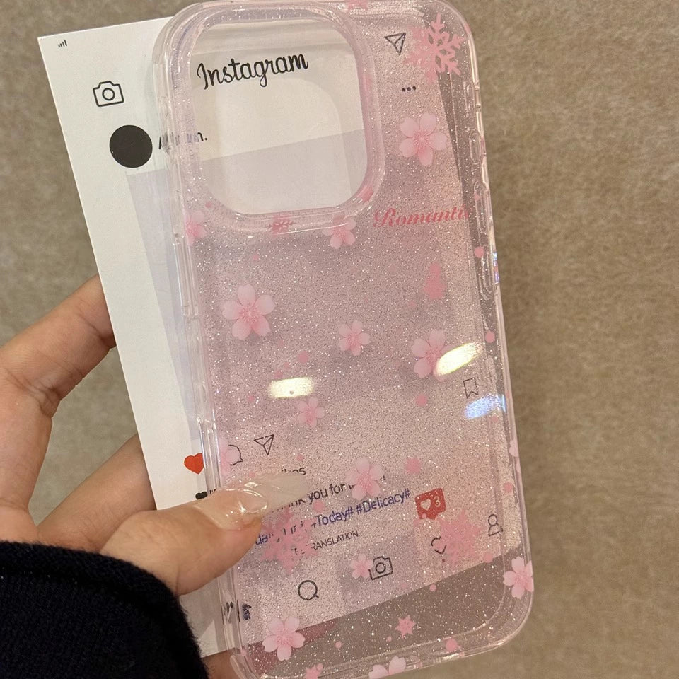 Beautiful Translucent Pink Glitter Snowflake Cherry Blossom Dream Aesthetic Mobile Phone Case Suitable for iPhone16 iPhone15 iPhone14 iPhone13