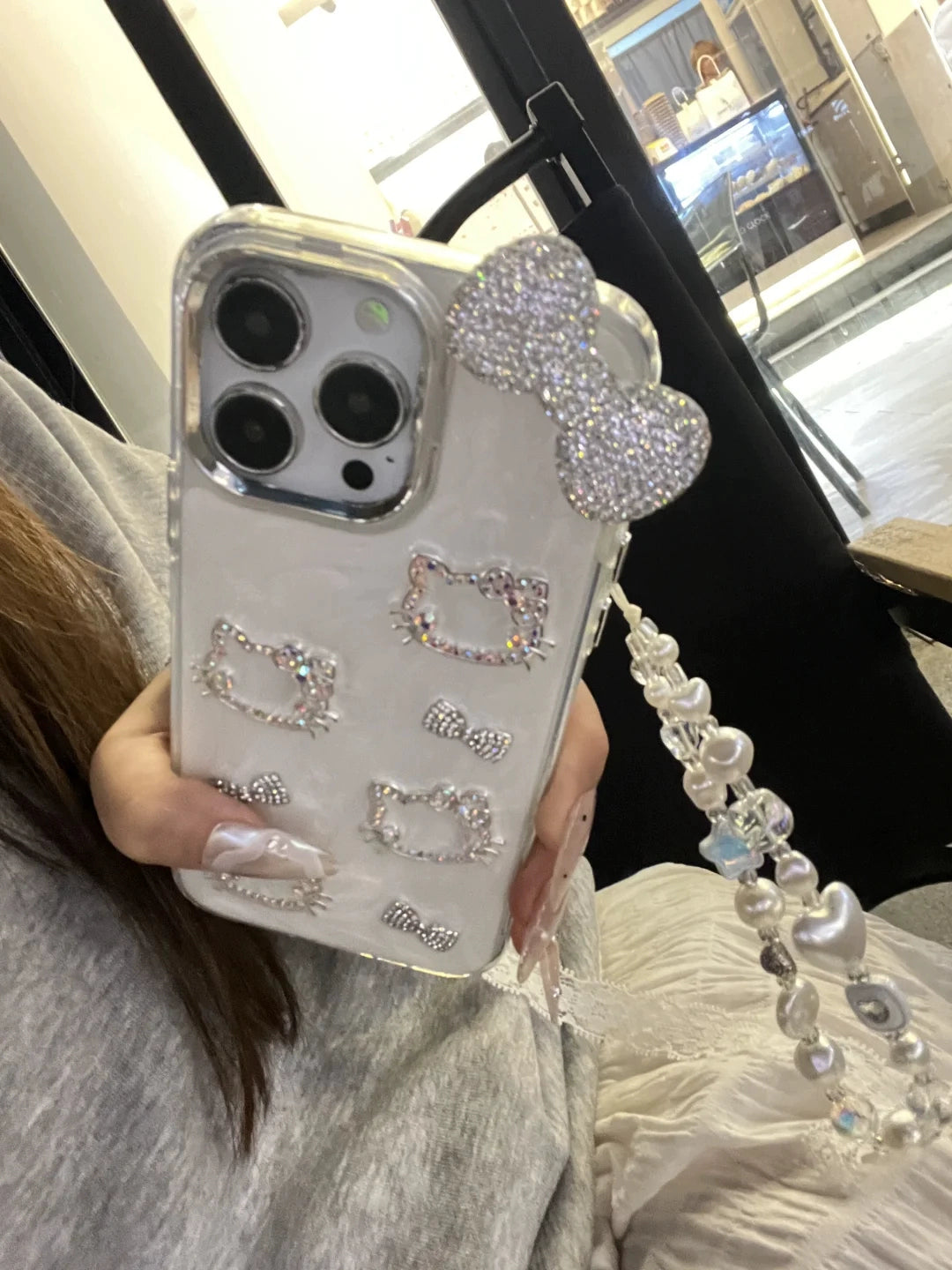 Girl Flash Diamond Cat Bow Shiny Aesthetic Mobile Phone Case with Mobile Phone Chain Pendant Suitable for iPhone16 iPhone15 iPhone14 iPhone13