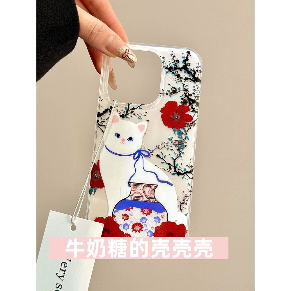 Red Flower Porcelain Vase Cat Money Bag Pendant Cute Aesthetic Phone Case Suitable for iPhone16 iPhone15 iPhone14 iPhone13