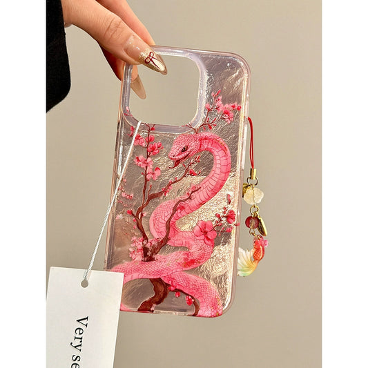 Chinese Style Begonia Pollen Snake Koi Aesthetic Mobile Phone Case with Mobile Phone Chain Pendant Suitable for iPhone16 iPhone15 iPhone14 iPhone13