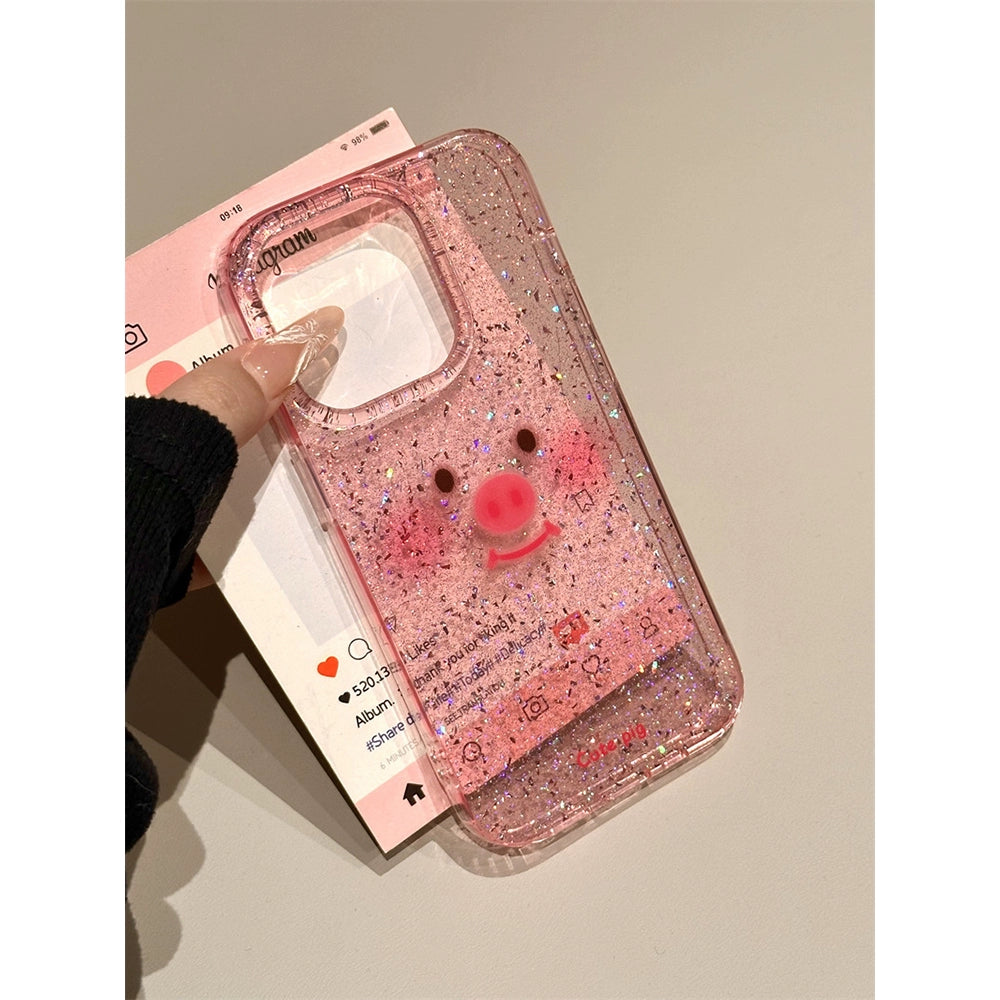 Cute Transparent Pink Sequined Piggy Emoji Phone Case with Lanyard Suitable for iPhone16 iPhone15 iPhone14 iPhone13