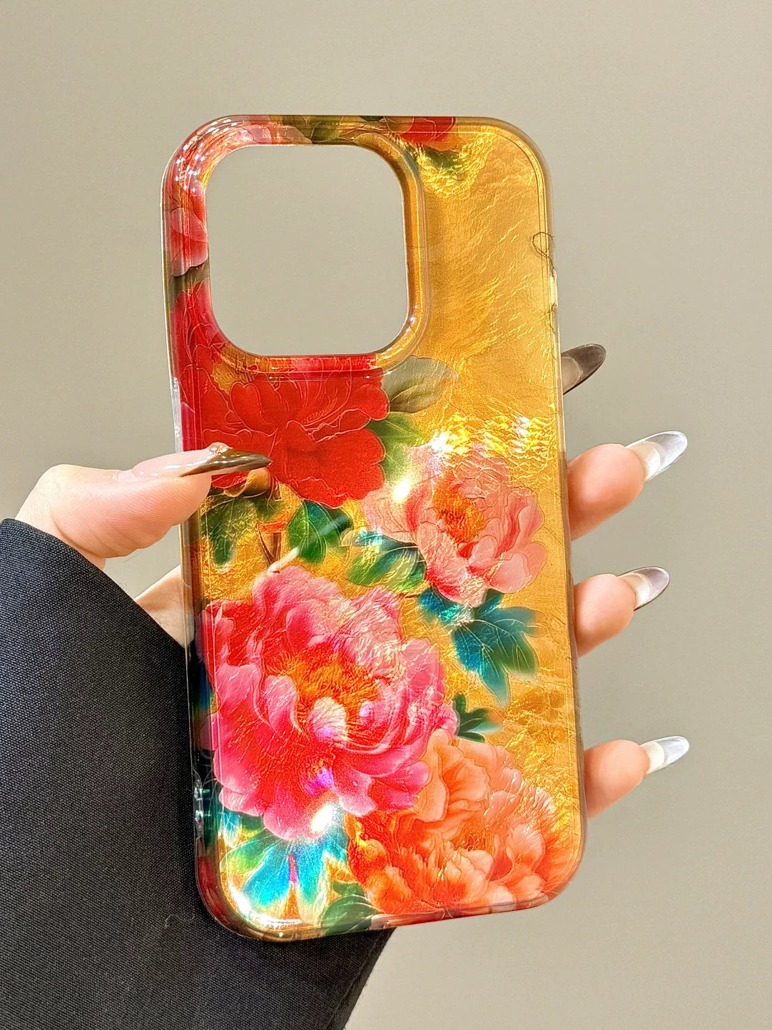 Retro Oil Painting Green Leaves Red Pink Flowers Aesthetic Mobile Phone Case Suitable for iPhone16 iPhone15 iPhone14 iPhone13