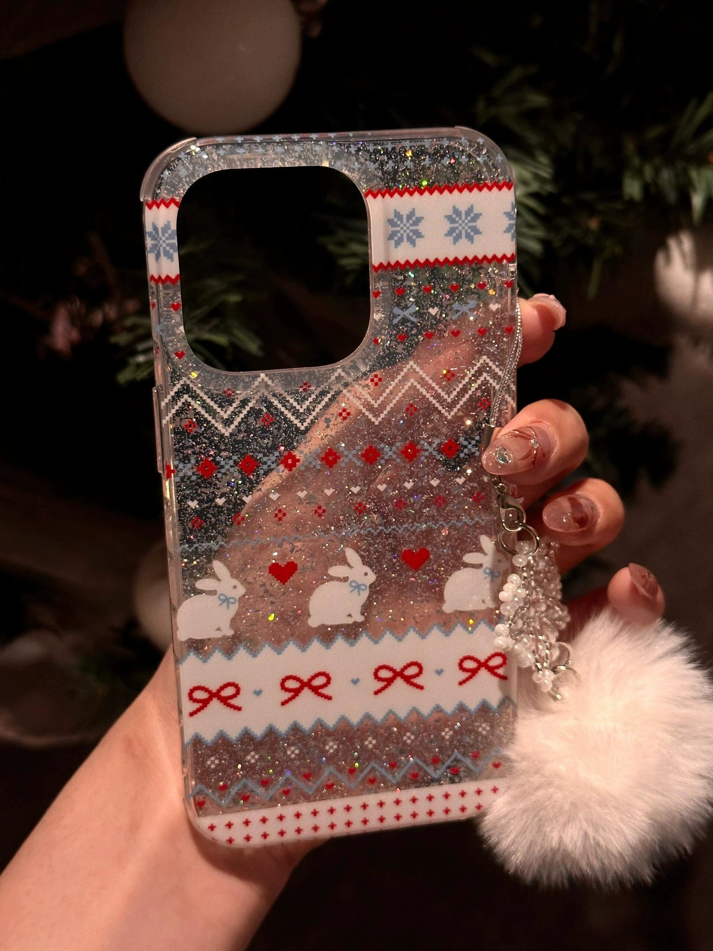 Cute Christmas Wind Transparent Glitter Bow Rabbit Glitter Aesthetic Mobile Phone Case Suitable for iPhone16 iPhone15 iPhone14 iPhone13