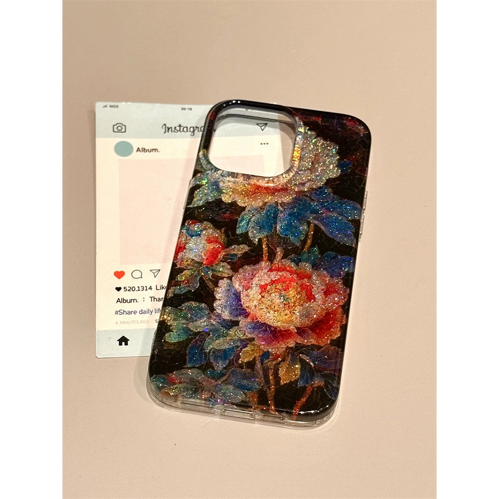 Glitter Color Flowers Illustration Retro Aesthetic Phone Case Suitable for iPhone16 iPhone15 iPhone14 iPhone13