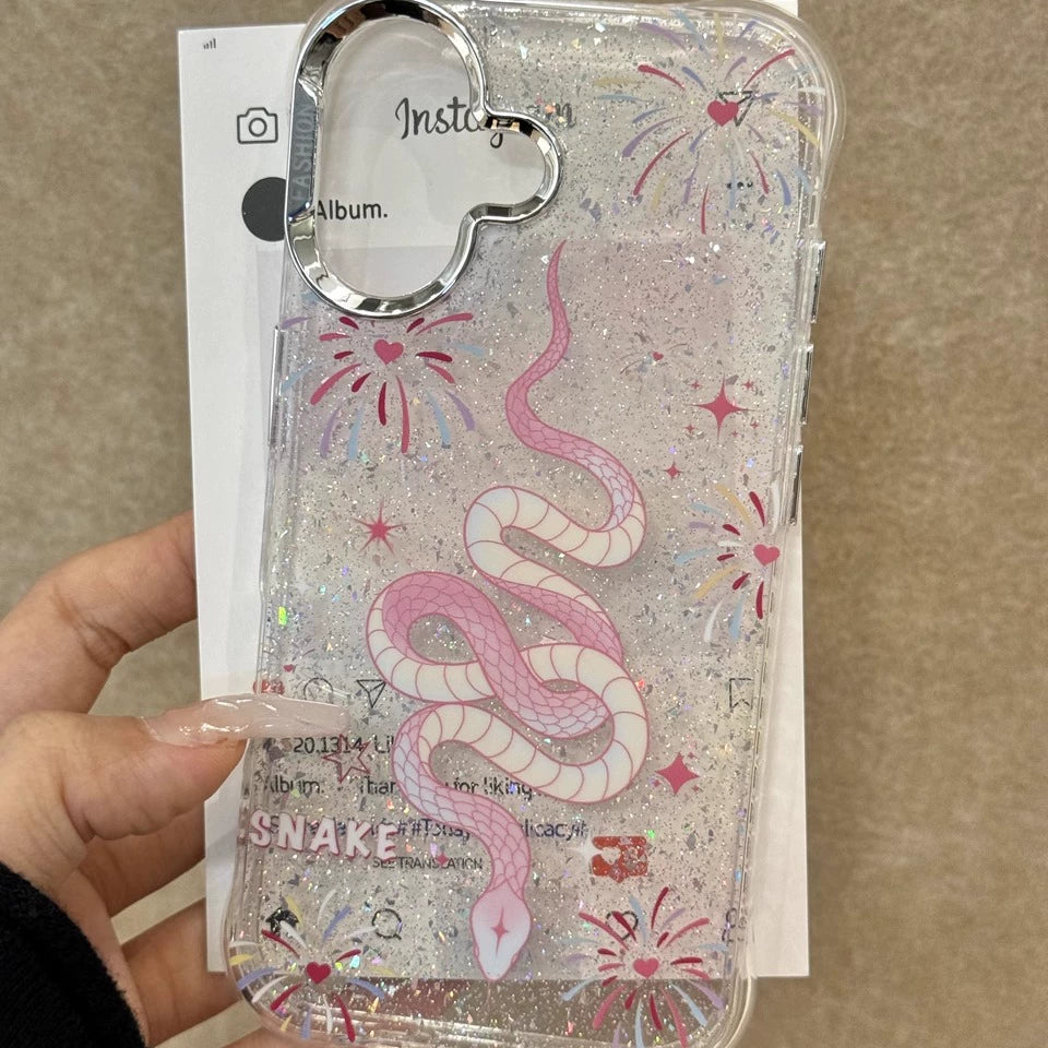 Translucent Pink Fireworks Love Smudge Pink Snake Aesthetic Mobile Phone Case Suitable for iPhone16 iPhone15 iPhone14 iPhone13