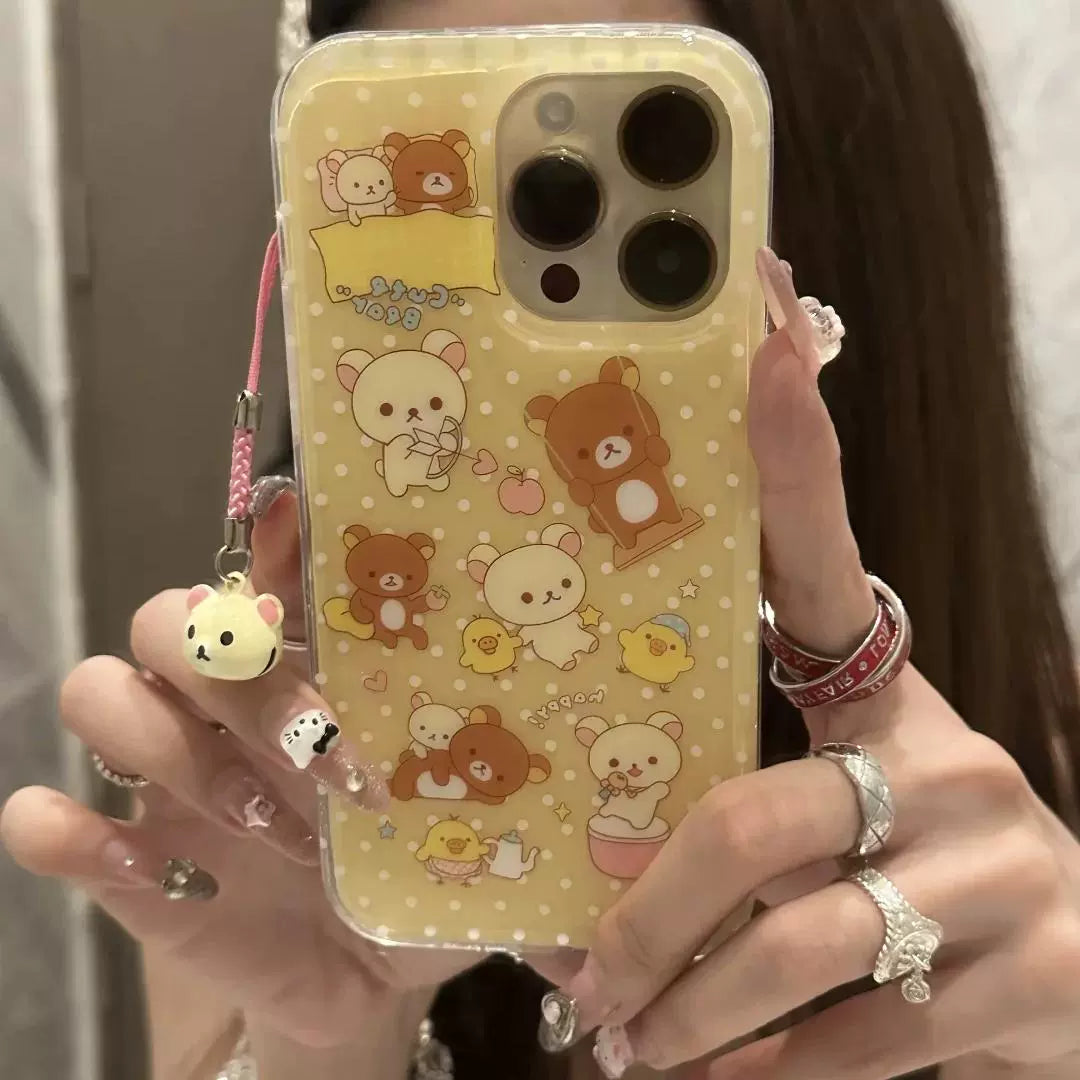 Cute Cartoon Bear Yellow Pink Mobile Phone Case with Mobile Phone Rope Bell Pendant Suitable for iPhone16 iPhone15 iPhone14 iPhone13