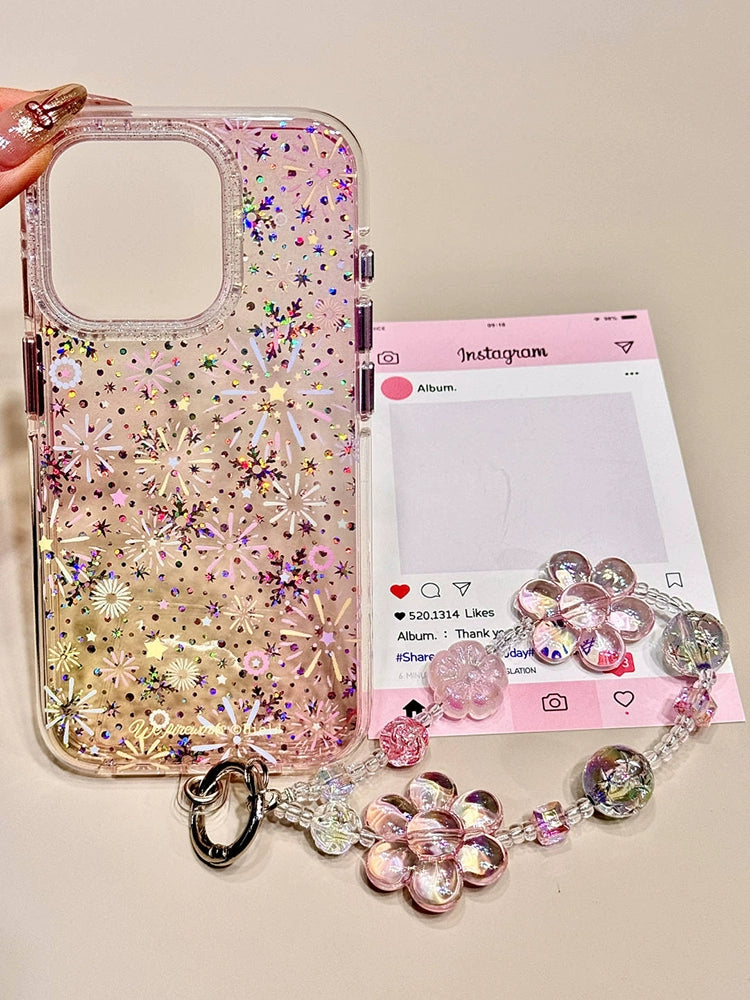 Sequined Double-layer Color Fireworks Flower Beaded Chain Mobile Phone Case Suitable for iPhone16 iPhone15 iPhone14 iPhone13