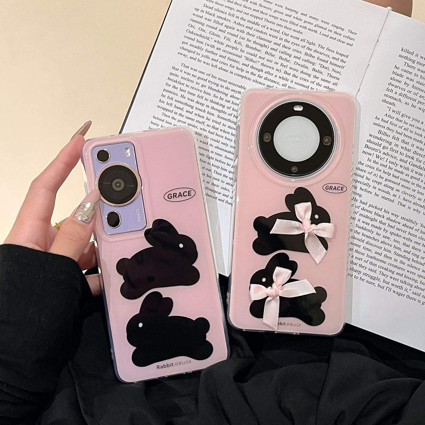 Pink Black Rabbit Bow Cute Aesthetic Mobile Phone Case, Suitable for Huawei Mate60pro Mate40pro/mate50pro Anti-drop