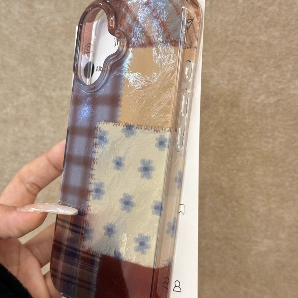 Plaid Splicing Floral Aesthetic Mobile Phone Case Suitable for iPhone16 iPhone15 iPhone14 iPhone13