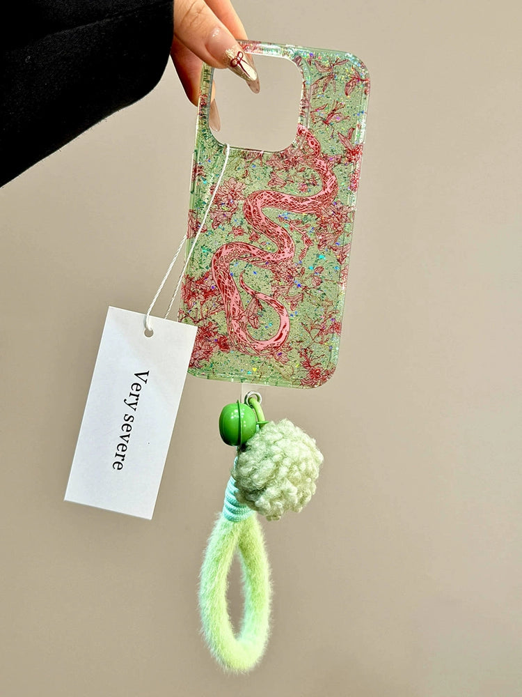 Sequined Double-layer Pink Dragon Bell Green Aesthetic Mobile Phone Case with Hand Strap Mobile Phone Chain Pendant Suitable for iPhone16 iPhone15 iPhone14 iPhone13