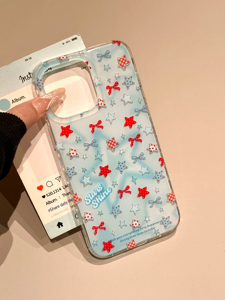 Blue Bottom Bow Star Cute Phone Case Suitable for iPhone16 iPhone15 iPhone14 iPhone13