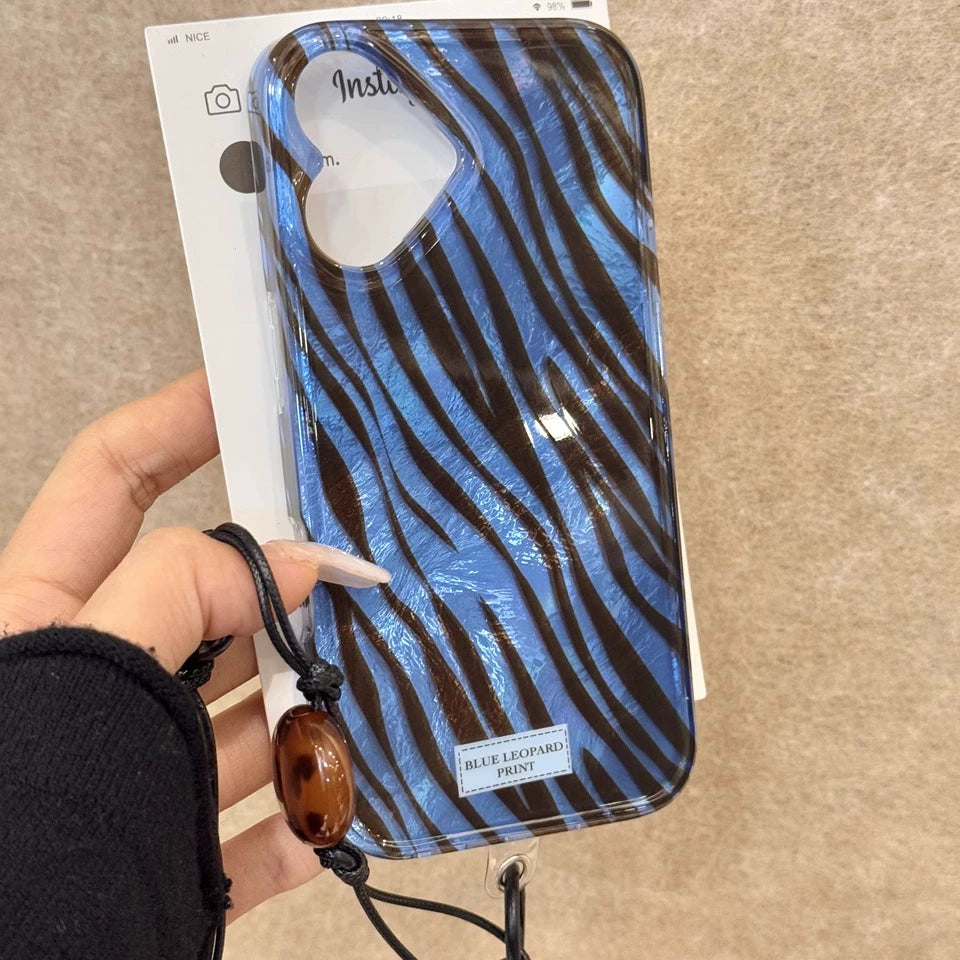 Transparent Blue Brown Zebra Pattern Love Lens Art Aesthetics Mobile Phone Case Suitable for iPhone16 iPhone15 iPhone14 iPhone13