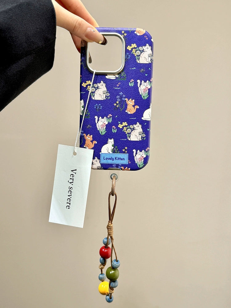 Cute Full Screen Flower Cat Blue Aesthetic Mobile Phone Case with Mobile Phone Chain Pendant Hand Rope Suitable for iPhone16 iPhone15 iPhone14 iPhone13