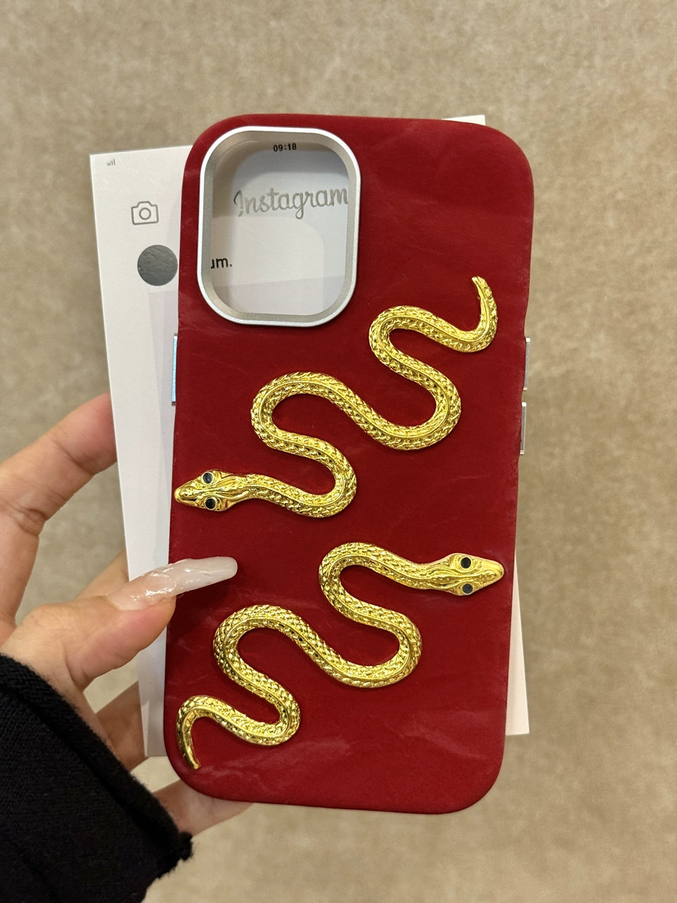 Retro Golden Snake Red Velvet Background Phone Case Suitable for iPhone16 iPhone15 iPhone14 iPhone13