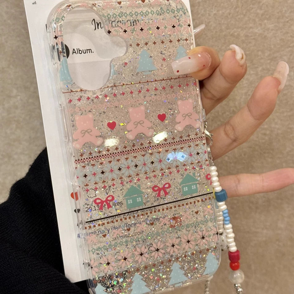 Love Christmas Tree Bow Bear Small House Shiny Aesthetic Mobile Phone Case with Mobile Phone Chain Pendant Suitable for iPhone16 iPhone15 iPhone14 iPhone13