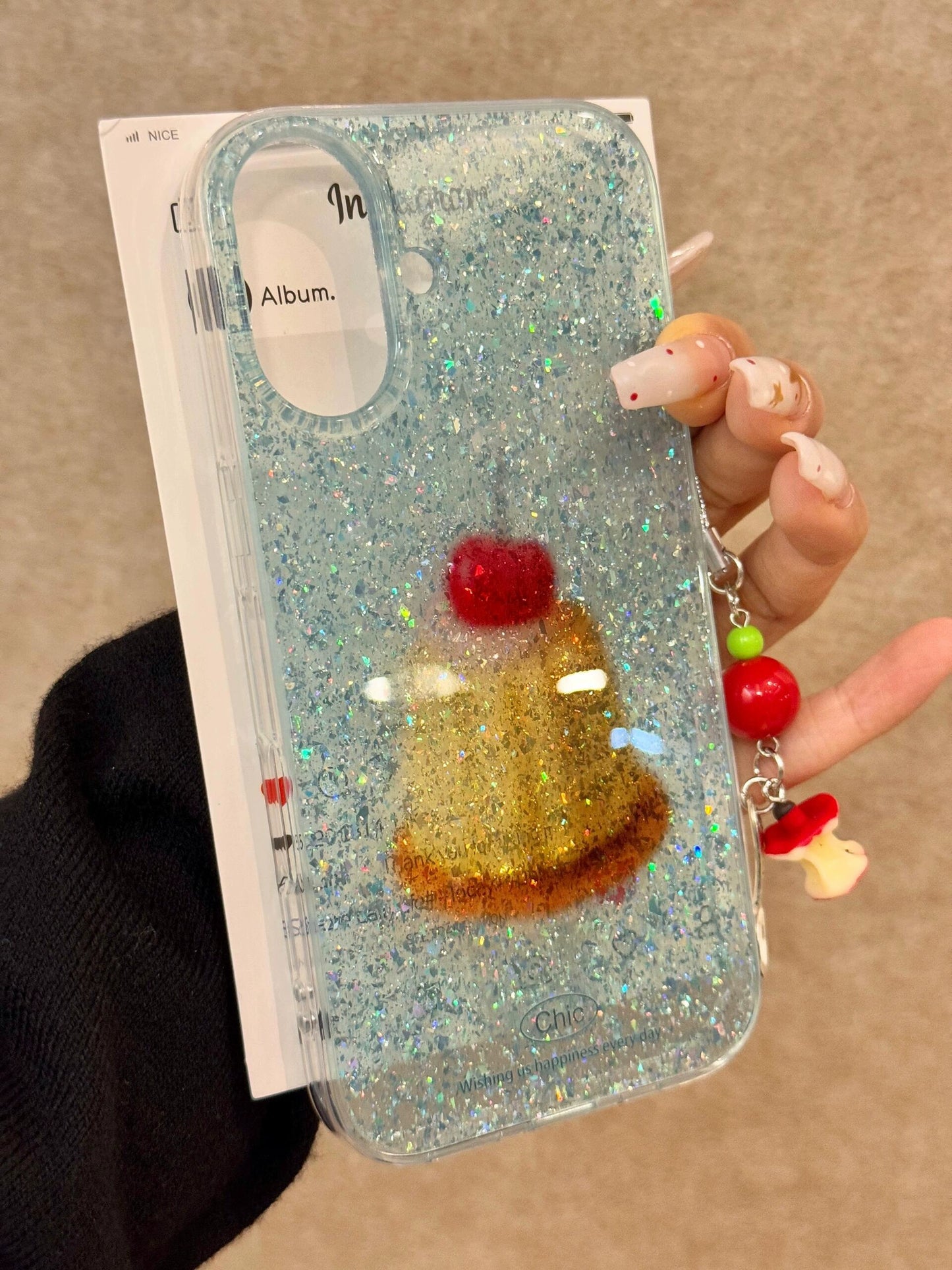 Glitter Mint Green Cherry Pudding Double Cute Aesthetic Mobile Phone Case with Phone Chain Pendant Suitable for Girls Mobile Phone Case Suitable for iPhone16 iPhone15 iPhone14 iPhone13