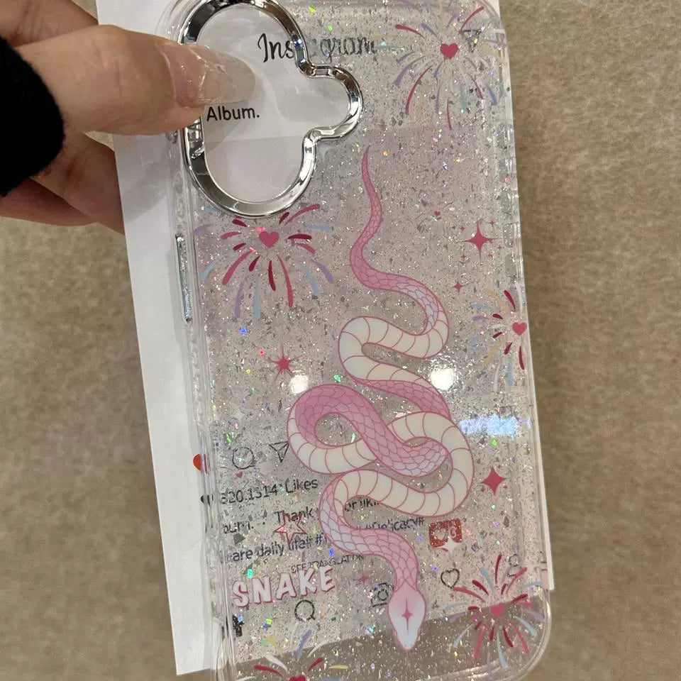 Translucent Pink Fireworks Love Smudge Pink Snake Aesthetic Mobile Phone Case Suitable for iPhone16 iPhone15 iPhone14 iPhone13