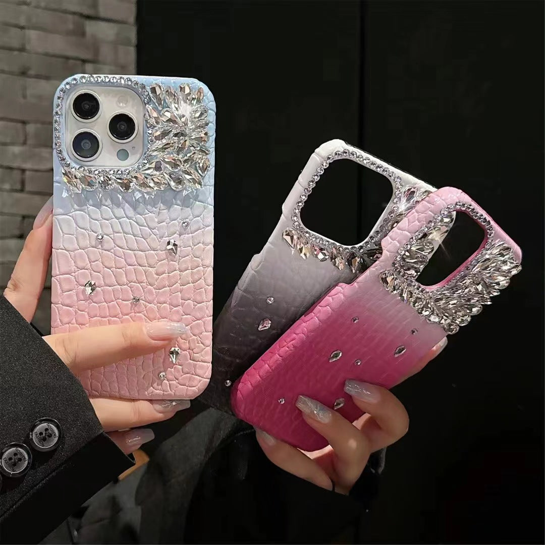 Handmade Rhinestones Gradually Change Crocodile Leather Pattern Elegant Aesthetic Mobile Phone Case Suitable for iPhone16 iPhone15 iPhone14 iPhone13