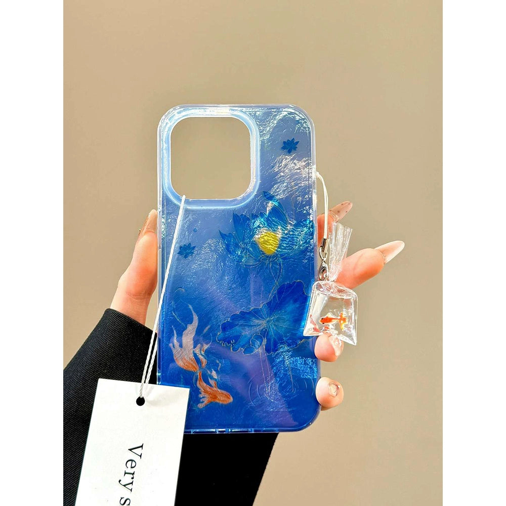 Lotus Koi Water Bag Goldfish Blue Smudge Aesthetic Mobile Phone Case with Mobile Phone Chain Pendant Suitable for iPhone16 iPhone15 iPhone14 iPhone13