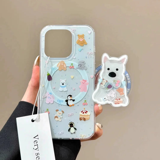 Cute Little Animal Dog Movable Magnetic Holder Mobile Phone Case Suitable for iPhone16 iPhone15 iPhone14 iPhone13